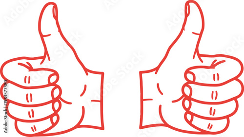 Two thumbs up gesture illustration in red outline on white background