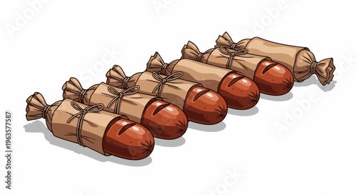 A row of six sausages wrapped in brown paper and tied with string