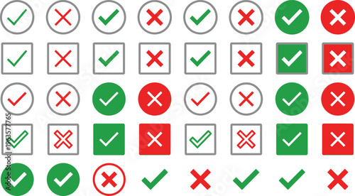 Check Mark and Cross Icon Set with Green Tick and Red X Symbols in Circle Square and Flat Styles for UI Validation and User Interface Design