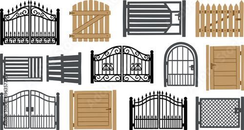 Collection of Garden Gate Vector Icons Featuring Wooden and Metal Fence Designs, Decorative Entry Doors, and Outdoor Security Barriers in Flat Illustration Style
