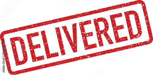 A vibrant red delivered rubber stamp impression appears diagonally on a clean white surface