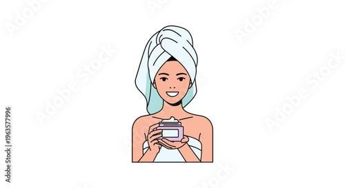 Smiling woman with towel on head holding cream jar in pastel colorful illustration for beauty product advertisement