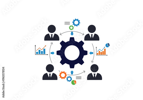 Infographic Vector Four business professionals collaborate around a central gear, symbolizing unified team processes.