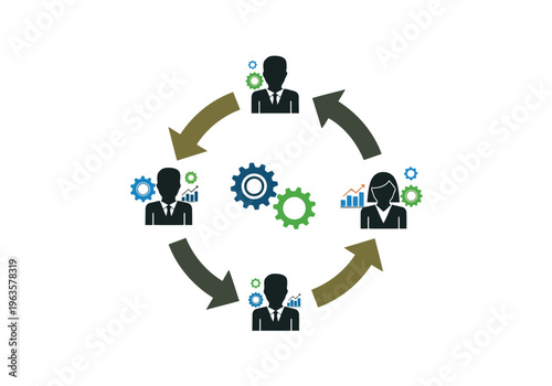 Infographic Vector A dynamic loop of team collaboration and iterative processes surrounds central gears.