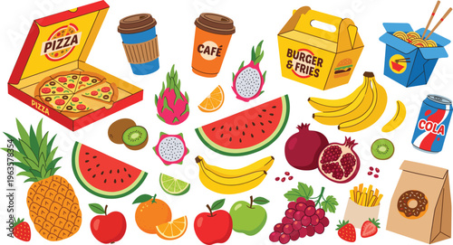 Fast Food and Fresh Fruit Vector Collection with Pizza Burger Fries Coffee Noodles and Tropical Fruits for Menu Design Delivery Branding and Healthy Lifestyle Illustration