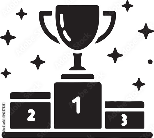 A trophy on a podium with ranking numbers 1 2 and 3 surrounded by stars