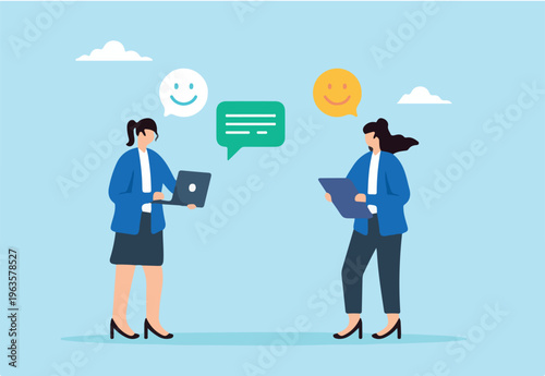 Flat illustration of cheerful businesswoman share feedback emoji with teammate symbolizing team communication and idea improvement