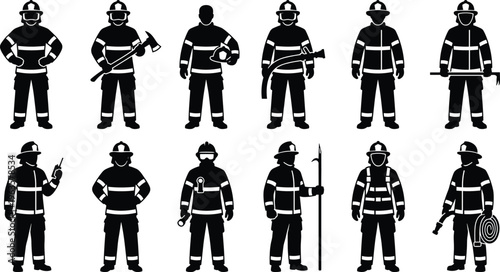 A collection of stylized black and white silhouettes depicting firefighters in various protective gear and performing different rescue actions high quality professional detailed