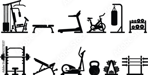 A collection of black silhouette gym equipment icons includes weight machines cardio apparatus and free weights for fitness training high quality professional detailed