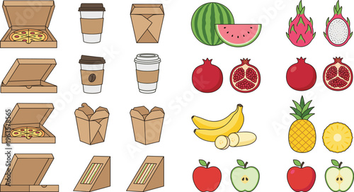 A colorful vector set of fruits and vegetables icons including apple banana strawberry lemon orange and tomato in a fresh healthy food illustration design