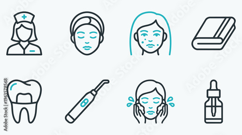 Beauty and dermatology icon collection with face mask, acne treatment, dental hygiene, and skincare serum
