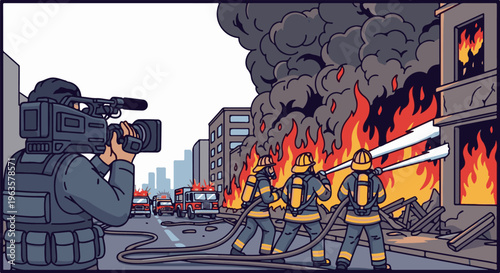 Firefighters battle blaze as news crew records event