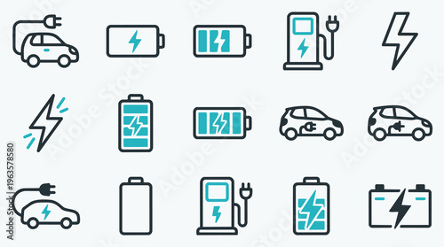 Electric vehicle and battery charging icon set for sustainable transportation and green energy concepts
