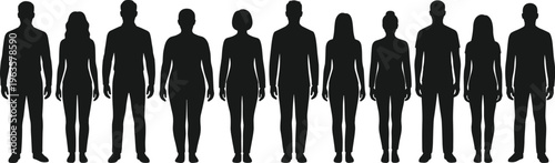 A row of black silhouettes depicts diverse human figures showing varying body shapes and sizes in a minimalistic style high quality professional detailed