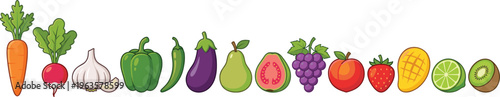 Fresh Fruits and Vegetables Horizontal Vector Set Featuring Organic Healthy Food Including Carrot, Garlic, Pepper, Eggplant, Mango, Grapes, and Citrus for Nutrition Design