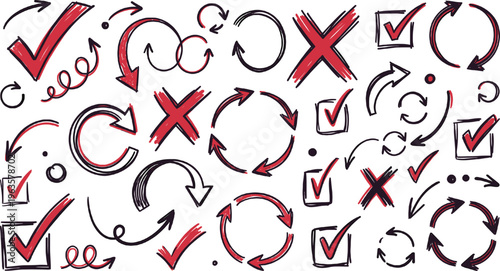 Hand Drawn Arrows Check Marks and Cross Symbols Vector Set with Circular Motion Signs Validation Icons and Doodle Elements for UI Design and Workflow Concepts
