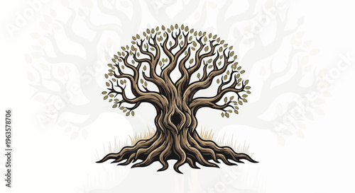 Intricate, stylized illustration of an ancient, gnarled tree with lush foliage and exposed roots