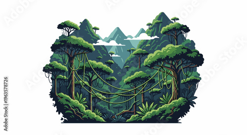 Lush pixel art jungle scene with mountains and vines