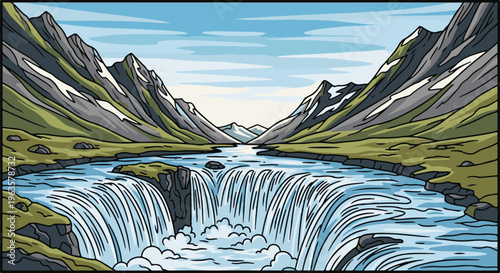 Majestic waterfall plunges through rugged mountains under a cloudy sky