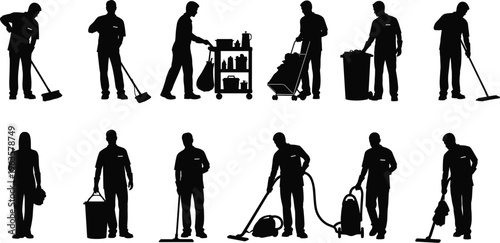 A collection of silhouettes depicts various cleaning personnel engaged in different janitorial tasks showcasing a diverse workforce high quality professional detailed modern elegant