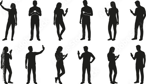 A collection of twelve silhouetted figures predominantly adults are depicted engrossed with their mobile phones and devices high quality professional detailed modern elegant