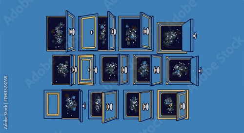 Multiple open blue safes with contents, arranged in rows against a blue background