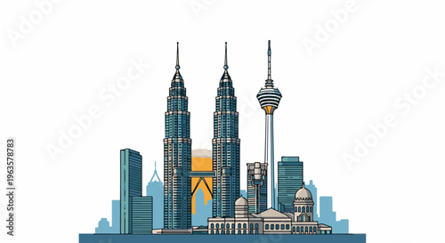 Modern city skyline with iconic twin towers and a prominent tower