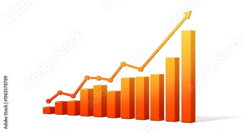 A 3d orange bar chart with a line graph showing an upward trend on a white background