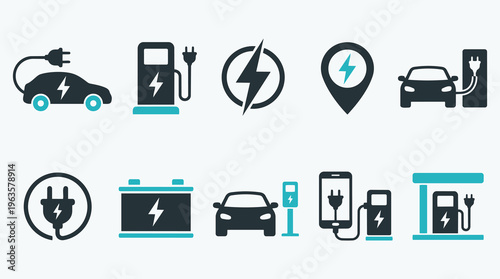 Electric Car Charging and Sustainable Energy Solid Icon Collection