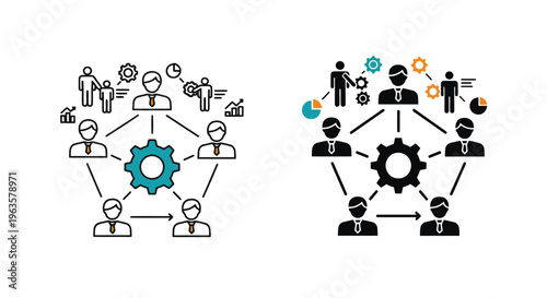 Infographic Vector A central gear connects people and business elements in two distinct illustration styles.