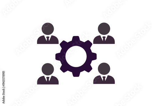 Infographic Vector Four key business professionals collaborate around a central gear, symbolizing core team functions.