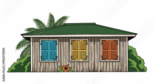 Small wooden house with colorful shutters and tropical plants