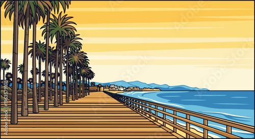 Wooden pier lined with palm trees leads to a distant coastal town