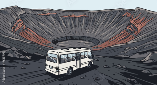 White bus parked at the edge of a vast volcanic crater, with barren rocky terrain