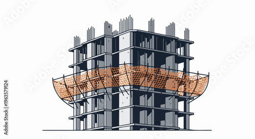 Unfinished building skeleton with safety netting wrapped around