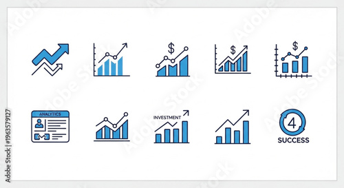 Financial growth blue icon set. Upward arrow, rising graph, and business chart icons in line and solid style..eps