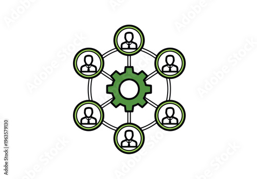 Infographic Vector A central green gear connecting a circular arrangement of six generic person icons.