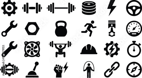 Cuadro en lienzo A collection of black silhouette icons depicting various elements related to fit