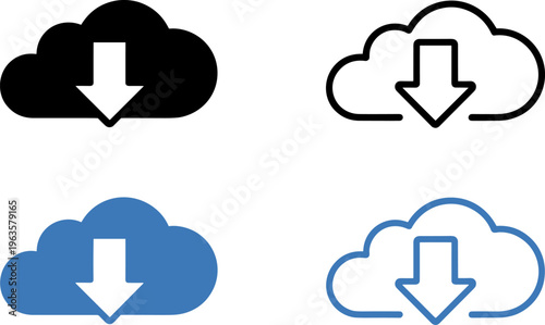 Cloud Download Icons in Black Outline and Blue Styles symbol data