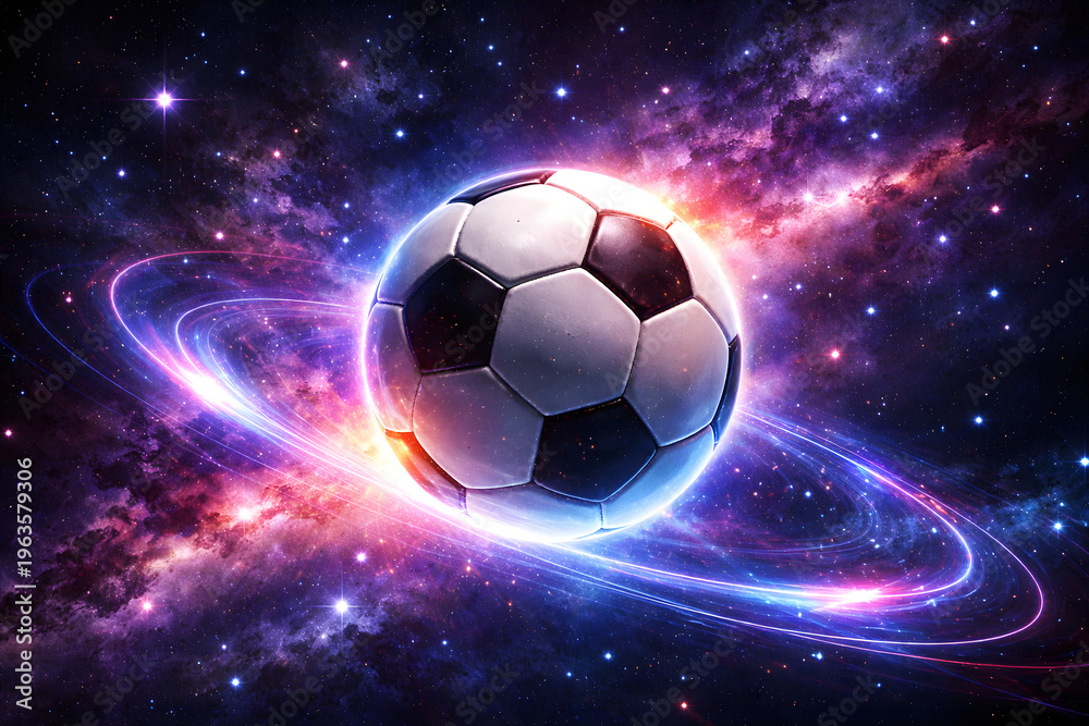 Fototapeta premium A soccer ball floats amidst a vibrant colorful and swirling cosmic nebula