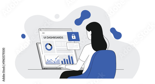 A woman sits and views a laptop displaying user interface dashboards with security lock icons illustrating data protection concepts high quality professional detailed