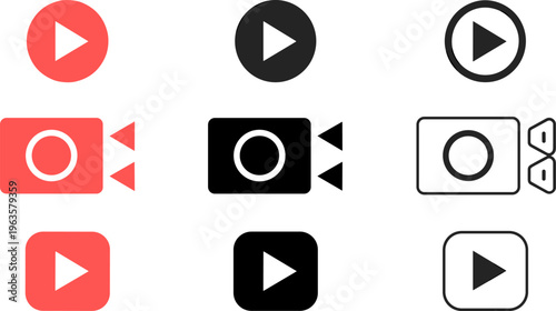 Collection of Play Button and Video Camera Icons in Red Black and Outline Styles symbol media
