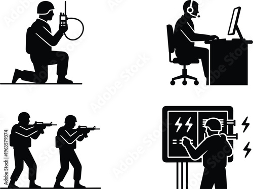Vector silhouette set of military professionals performing tactical communications computer operations combat maneuvers and technical repairs on white.