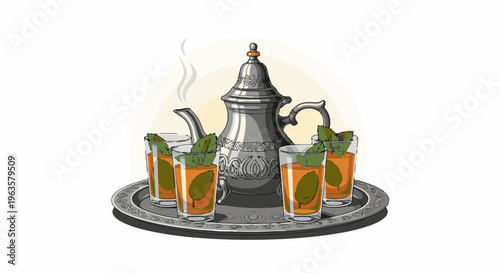 Traditional silver teapot with mint tea in glasses on a tray