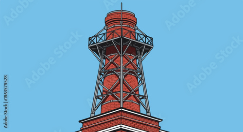 Tall red brick tower with metal scaffolding against blue sky