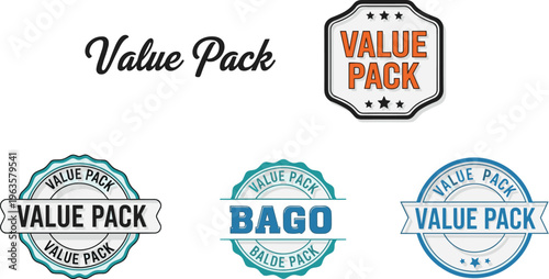 An assortment of value pack badges and labels in varying styles and color schemes are displayed against a white background high quality professional