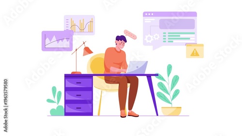 Animated man working on laptop with data charts in modern office
