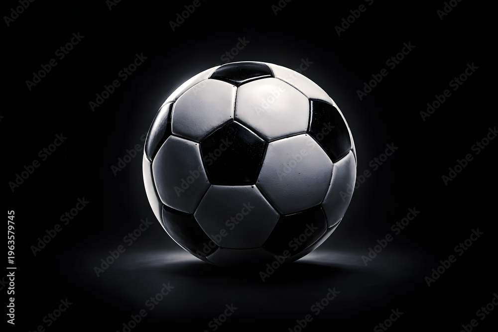 Naklejka premium A classic black and white soccer ball dramatically lit against a dark background
