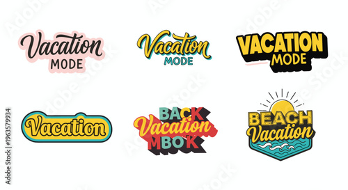 A collection of colorful decorative typography designs spelling vacation mode and beach evoking a carefree summery aesthetic high quality professional detailed modern elegant