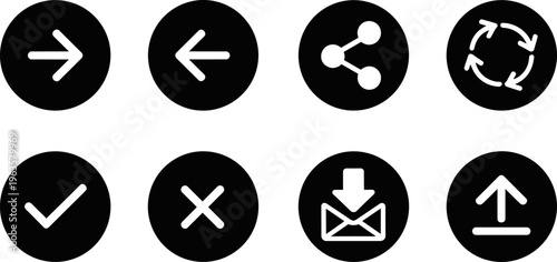 Eight black circular icons with white line art symbols for arrows share refresh download and upload